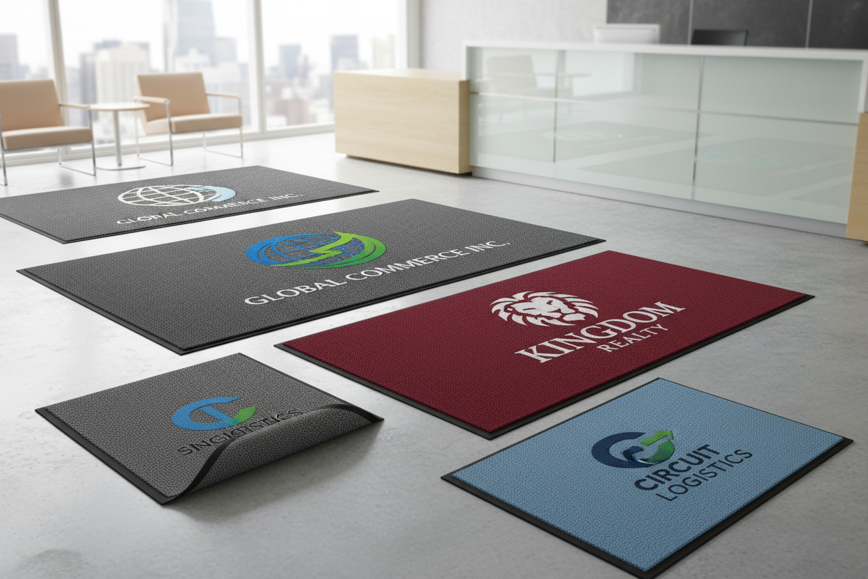 Five branded mats on a floor with a modern office background